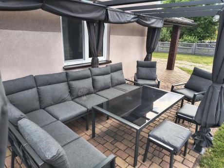 Grafitowe nowoczesne meble tarasowe dla 10 osób Doros Corner XXL narożnik z 2 fotelami i 2 pufami - Dark Grey