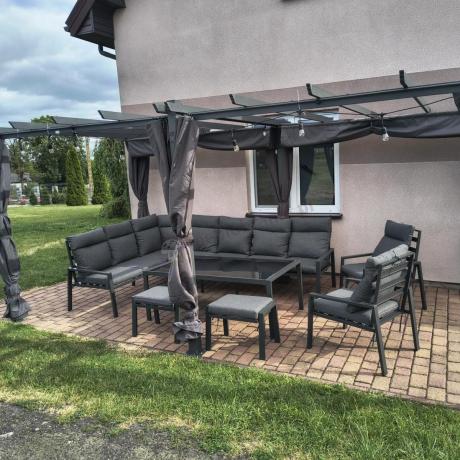 Grafitowe nowoczesne meble tarasowe dla 10 osób Doros Corner XXL narożnik z 2 fotelami i 2 pufami - Dark Grey