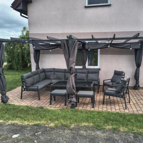 Grafitowe nowoczesne meble tarasowe dla 10 osób Doros Corner XXL narożnik z 2 fotelami i 2 pufami - Dark Grey