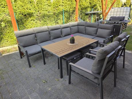Grafitowe nowoczesne meble tarasowe dla 10 osób Doros Corner XXL narożnik z 2 fotelami i 2 pufami - Polywood Dark Gre
