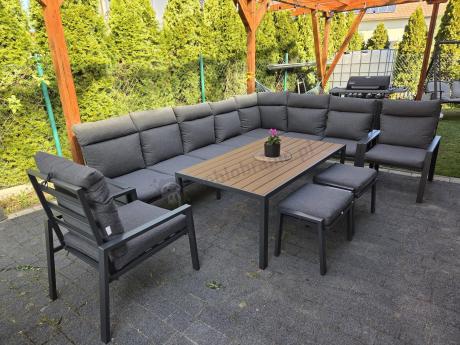 Grafitowe nowoczesne meble tarasowe dla 10 osób Doros Corner XXL narożnik z 2 fotelami i 2 pufami - Polywood Dark Gre