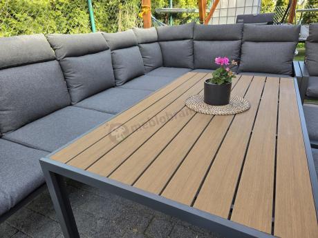 Grafitowe nowoczesne meble tarasowe dla 10 osób Doros Corner XXL narożnik z 2 fotelami i 2 pufami - Polywood Dark Gre
