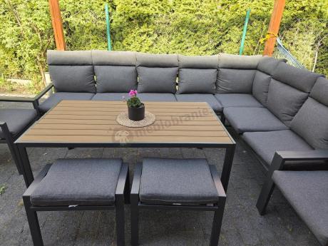 Grafitowe nowoczesne meble tarasowe dla 10 osób Doros Corner XXL narożnik z 2 fotelami i 2 pufami - Polywood Dark Gre