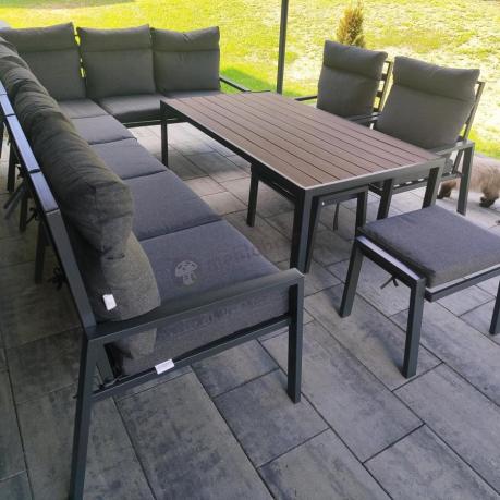 Grafitowe nowoczesne meble tarasowe dla 10 osób Doros Corner XXL narożnik z 2 fotelami i 2 pufami - Polywood Dark Gre