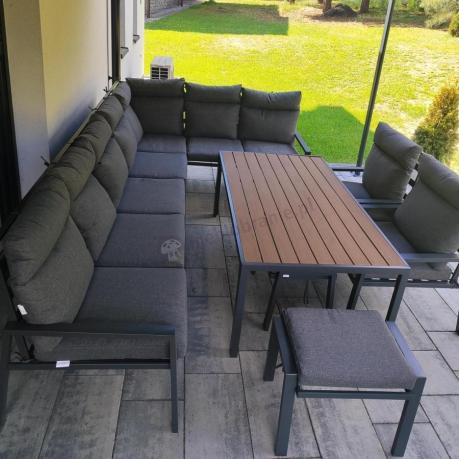 Grafitowe nowoczesne meble tarasowe dla 10 osób Doros Corner XXL narożnik z 2 fotelami i 2 pufami - Polywood Dark Gre