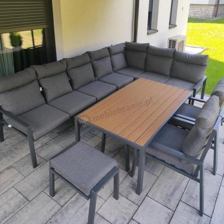 Grafitowe nowoczesne meble tarasowe dla 10 osób Doros Corner XXL narożnik z 2 fotelami i 2 pufami - Polywood Dark Gre