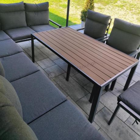 Grafitowe nowoczesne meble tarasowe dla 10 osób Doros Corner XXL narożnik z 2 fotelami i 2 pufami - Polywood Dark Gre