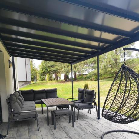 Grafitowe nowoczesne meble tarasowe dla 10 osób Doros Corner XXL narożnik z 2 fotelami i 2 pufami - Polywood Dark Gre