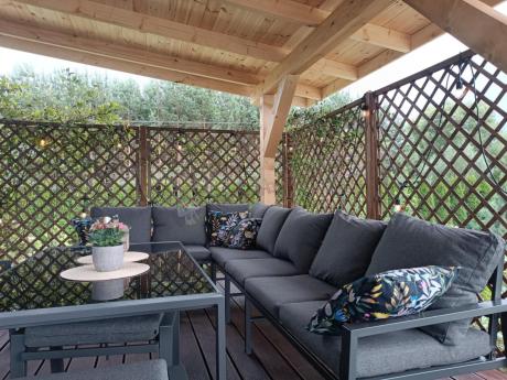 Grafitowe nowoczesne meble tarasowe dla 10 osób Sodor Corner XXL narożnik z 2 fotelami i 2 pufami - Dark Grey