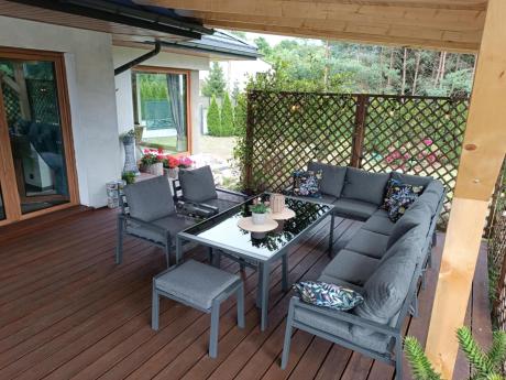 Grafitowe nowoczesne meble tarasowe dla 10 osób Sodor Corner XXL narożnik z 2 fotelami i 2 pufami - Dark Grey