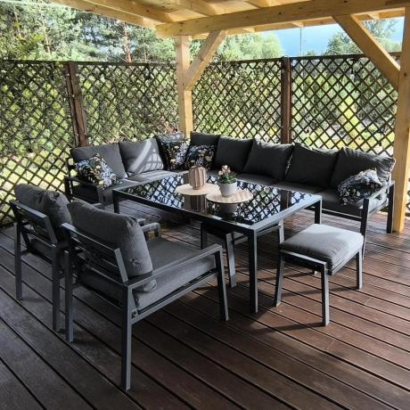 Grafitowe nowoczesne meble tarasowe dla 10 osób Sodor Corner XXL narożnik z 2 fotelami i 2 pufami - Dark Grey