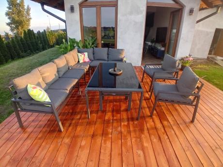 Grafitowe nowoczesne meble tarasowe dla 10 osób Sodor Corner XXL narożnik z 2 fotelami i 2 pufami - Dark Grey