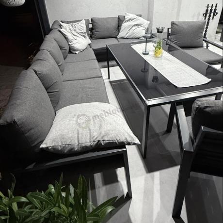 Grafitowe nowoczesne meble tarasowe dla 10 osób Sodor Corner XXL narożnik z 2 fotelami i 2 pufami - Dark Grey