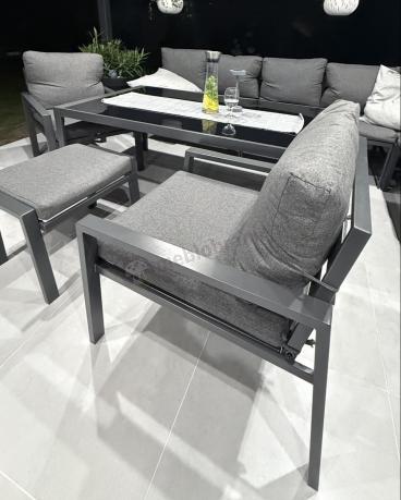 Grafitowe nowoczesne meble tarasowe dla 10 osób Sodor Corner XXL narożnik z 2 fotelami i 2 pufami - Dark Grey
