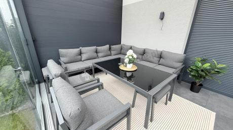 Grafitowe nowoczesne meble tarasowe dla 10 osób Sodor Corner XXL narożnik z 2 fotelami i 2 pufami - Dark Grey