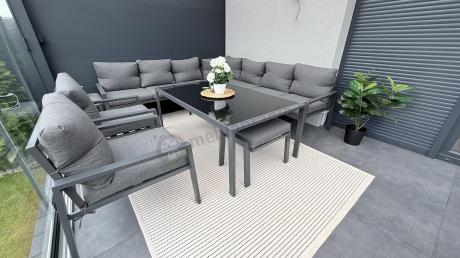 Grafitowe nowoczesne meble tarasowe dla 10 osób Sodor Corner XXL narożnik z 2 fotelami i 2 pufami - Dark Grey