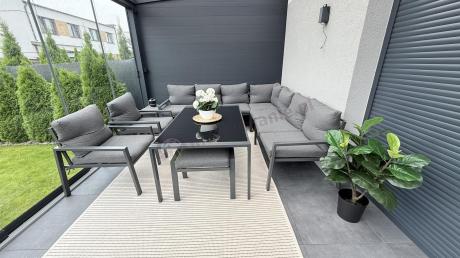 Grafitowe nowoczesne meble tarasowe dla 10 osób Sodor Corner XXL narożnik z 2 fotelami i 2 pufami - Dark Grey