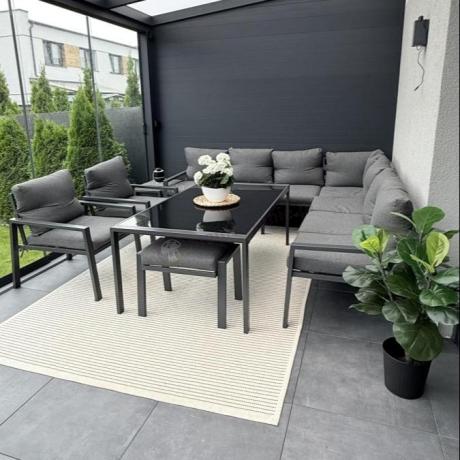 Grafitowe nowoczesne meble tarasowe dla 10 osób Sodor Corner XXL narożnik z 2 fotelami i 2 pufami - Dark Grey