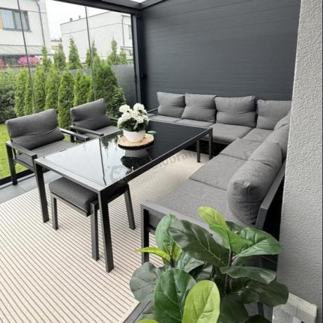 Grafitowe nowoczesne meble tarasowe dla 10 osób Sodor Corner XXL narożnik z 2 fotelami i 2 pufami - Dark Grey