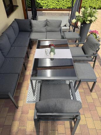 Grafitowe nowoczesne meble tarasowe dla 10 osób Sodor Corner XXL narożnik z 2 fotelami i 2 pufami - Dark Grey