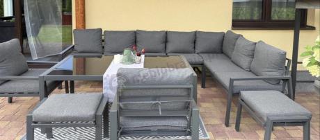 Grafitowe nowoczesne meble tarasowe dla 10 osób Sodor Corner XXL narożnik z 2 fotelami i 2 pufami - Dark Grey