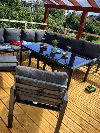 Grafitowe nowoczesne meble tarasowe dla 10 osób Sodor Corner XXL narożnik z 2 fotelami i 2 pufami - Dark Grey