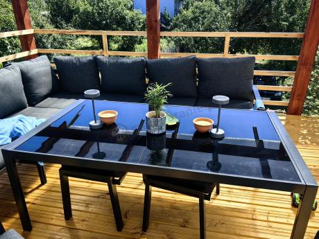 Grafitowe nowoczesne meble tarasowe dla 10 osób Sodor Corner XXL narożnik z 2 fotelami i 2 pufami - Dark Grey