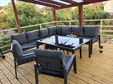 Grafitowe nowoczesne meble tarasowe dla 10 osób Sodor Corner XXL narożnik z 2 fotelami i 2 pufami - Dark Grey