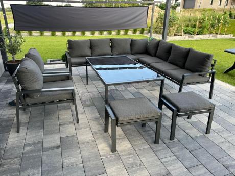 Grafitowe nowoczesne meble tarasowe dla 10 osób Sodor Corner XXL narożnik z 2 fotelami i 2 pufami - Dark Grey