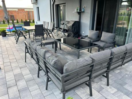 Grafitowe nowoczesne meble tarasowe dla 10 osób Sodor Corner XXL narożnik z 2 fotelami i 2 pufami - Dark Grey