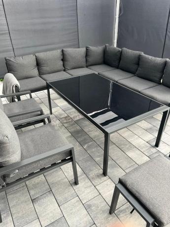 Grafitowe nowoczesne meble tarasowe dla 10 osób Sodor Corner XXL narożnik z 2 fotelami i 2 pufami - Dark Grey