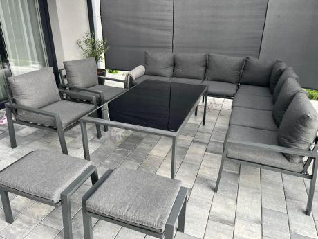 Grafitowe nowoczesne meble tarasowe dla 10 osób Sodor Corner XXL narożnik z 2 fotelami i 2 pufami - Dark Grey