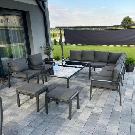 Grafitowe nowoczesne meble tarasowe dla 10 osób Sodor Corner XXL narożnik z 2 fotelami i 2 pufami - Dark Grey