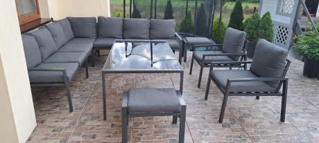Grafitowe nowoczesne meble tarasowe dla 10 osób Sodor Corner XXL narożnik z 2 fotelami i 2 pufami - Dark Grey