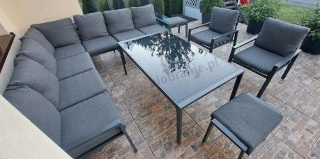 Grafitowe nowoczesne meble tarasowe dla 10 osób Sodor Corner XXL narożnik z 2 fotelami i 2 pufami - Dark Grey