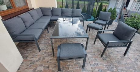 Grafitowe nowoczesne meble tarasowe dla 10 osób Sodor Corner XXL narożnik z 2 fotelami i 2 pufami - Dark Grey