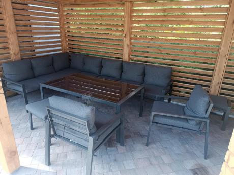 Grafitowe nowoczesne meble tarasowe dla 10 osób Sodor Corner XXL narożnik z 2 fotelami i 2 pufami - Dark Grey