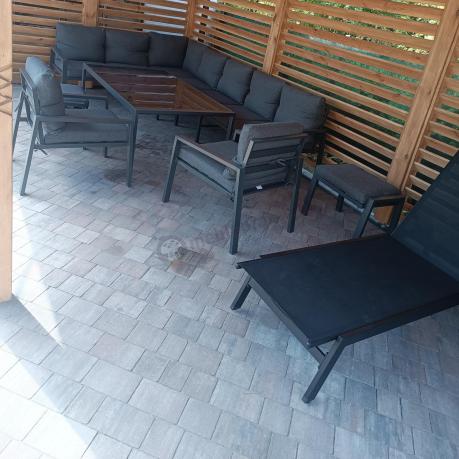 Grafitowe nowoczesne meble tarasowe dla 10 osób Sodor Corner XXL narożnik z 2 fotelami i 2 pufami - Dark Grey