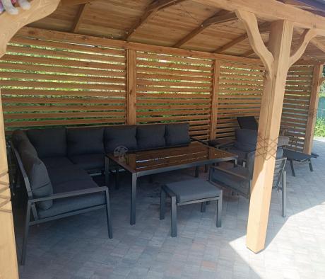 Grafitowe nowoczesne meble tarasowe dla 10 osób Sodor Corner XXL narożnik z 2 fotelami i 2 pufami - Dark Grey