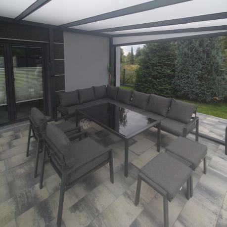 Grafitowe nowoczesne meble tarasowe dla 10 osób Sodor Corner XXL narożnik z 2 fotelami i 2 pufami - Dark Grey