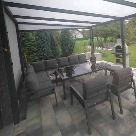 Grafitowe nowoczesne meble tarasowe dla 10 osób Sodor Corner XXL narożnik z 2 fotelami i 2 pufami - Dark Grey