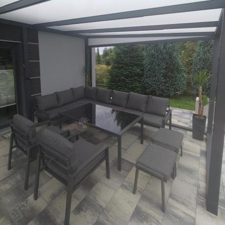 Grafitowe nowoczesne meble tarasowe dla 10 osób Sodor Corner XXL narożnik z 2 fotelami i 2 pufami - Dark Grey