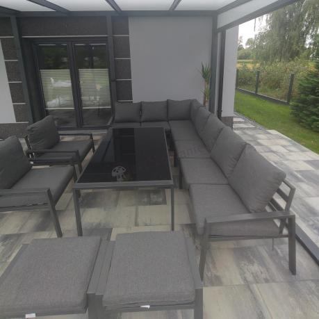 Grafitowe nowoczesne meble tarasowe dla 10 osób Sodor Corner XXL narożnik z 2 fotelami i 2 pufami - Dark Grey