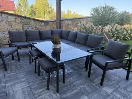 Grafitowe nowoczesne meble tarasowe dla 10 osób Sodor Corner XXL narożnik z 2 fotelami i 2 pufami - Dark Grey