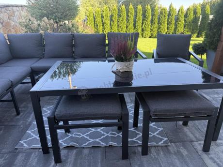 Grafitowe nowoczesne meble tarasowe dla 10 osób Sodor Corner XXL narożnik z 2 fotelami i 2 pufami - Dark Grey