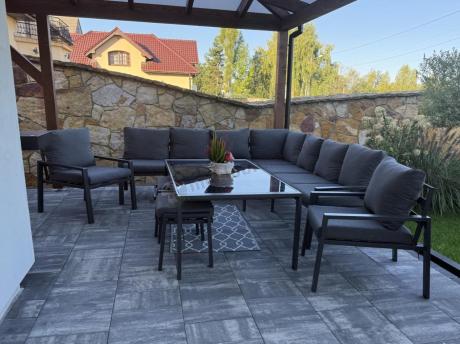 Grafitowe nowoczesne meble tarasowe dla 10 osób Sodor Corner XXL narożnik z 2 fotelami i 2 pufami - Dark Grey