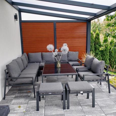 Grafitowe nowoczesne meble tarasowe dla 10 osób Sodor Corner XXL narożnik z 2 fotelami i 2 pufami - Dark Grey