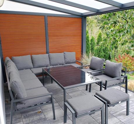 Grafitowe nowoczesne meble tarasowe dla 10 osób Sodor Corner XXL narożnik z 2 fotelami i 2 pufami - Dark Grey