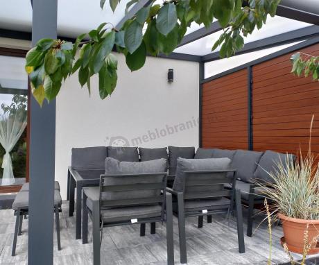 Grafitowe nowoczesne meble tarasowe dla 10 osób Sodor Corner XXL narożnik z 2 fotelami i 2 pufami - Dark Grey