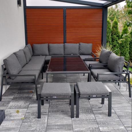 Grafitowe nowoczesne meble tarasowe dla 10 osób Sodor Corner XXL narożnik z 2 fotelami i 2 pufami - Dark Grey